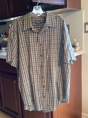 Cherokee Short-Sleeve Plaid Button-Down Shirt in Blue and Brown